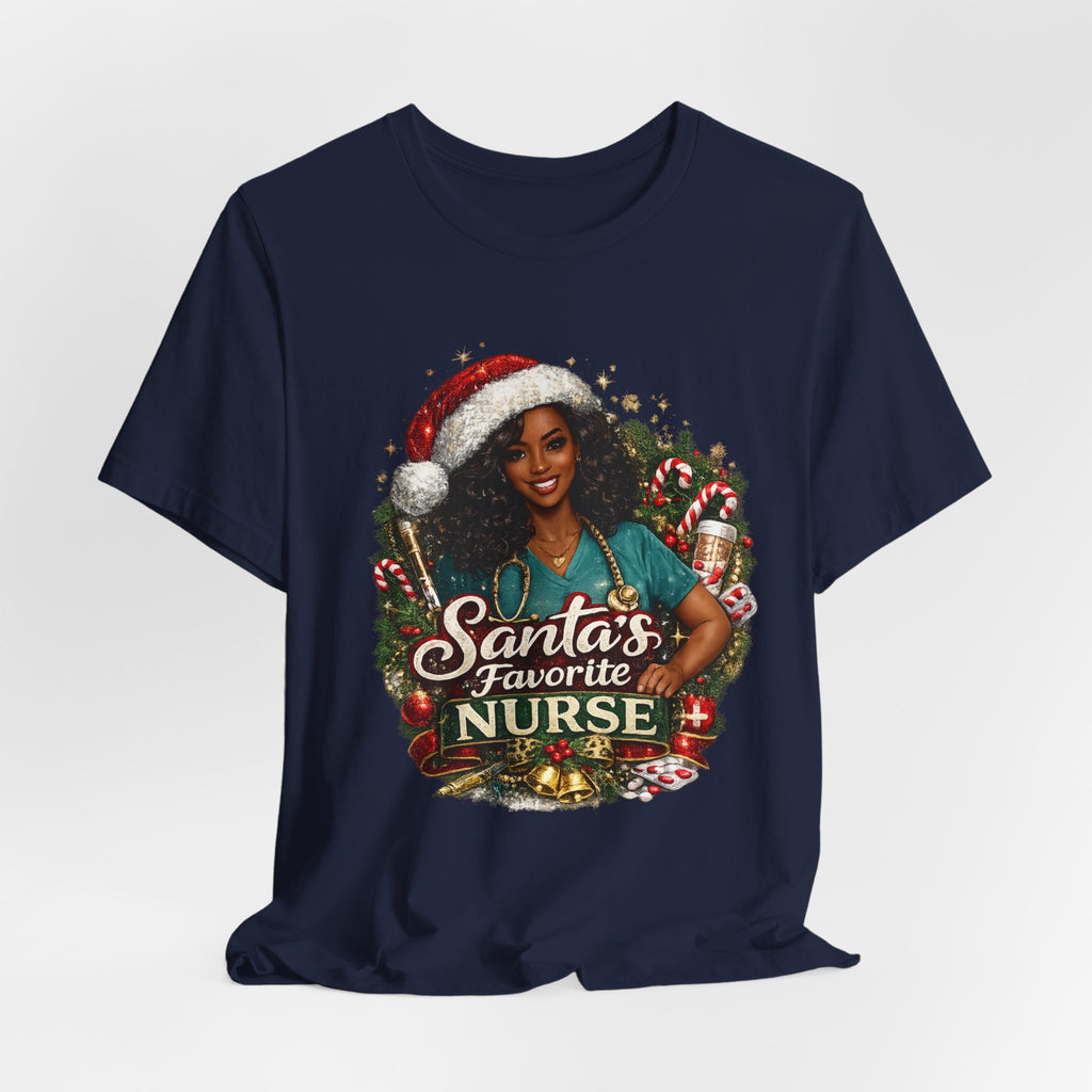 Santa's Favorite Nurse – Black Nurse Christmas T-Shirt