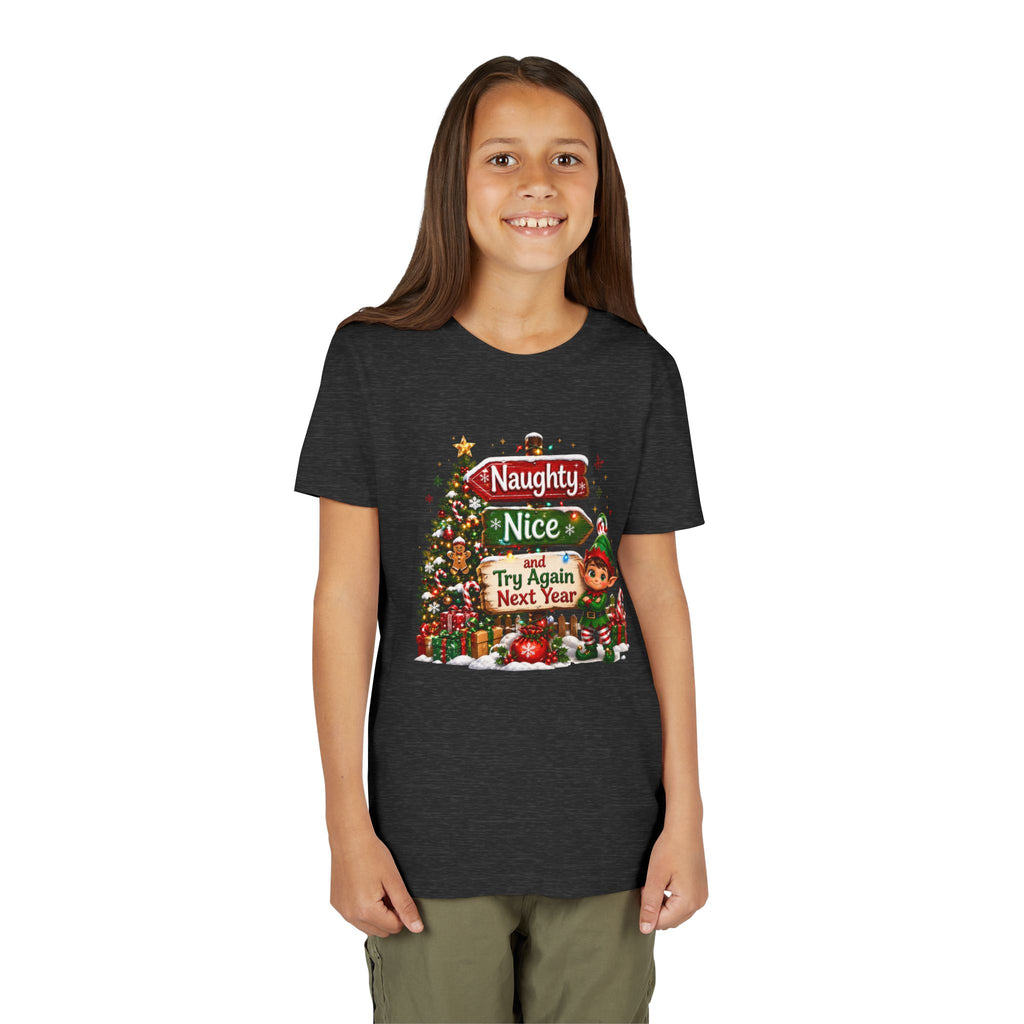 Naughty Nice Try Again Next Year Kids Shirt – Funny Elf Christmas Tee | Holiday Gift for Kids