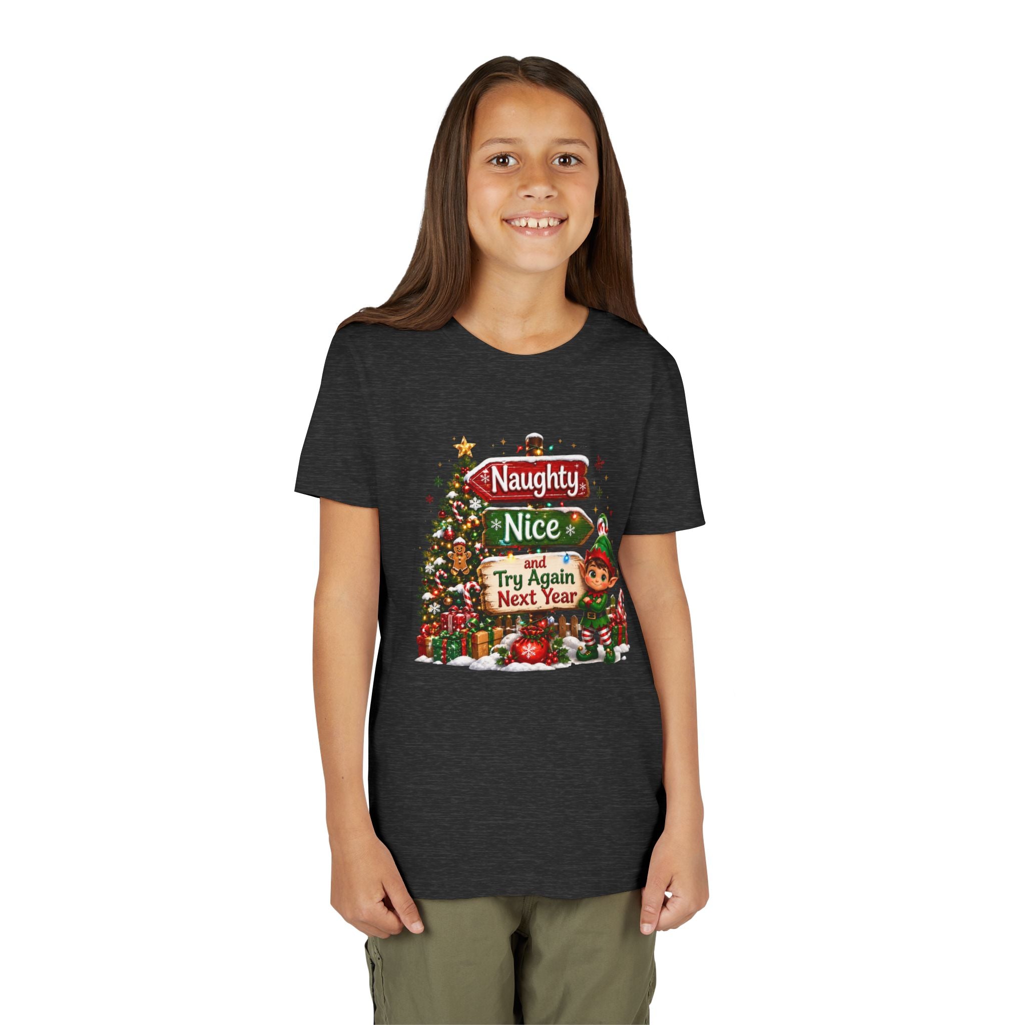 Naughty Nice Try Again Next Year Kids Shirt – Funny Elf Christmas Tee | Holiday Gift for Kids
