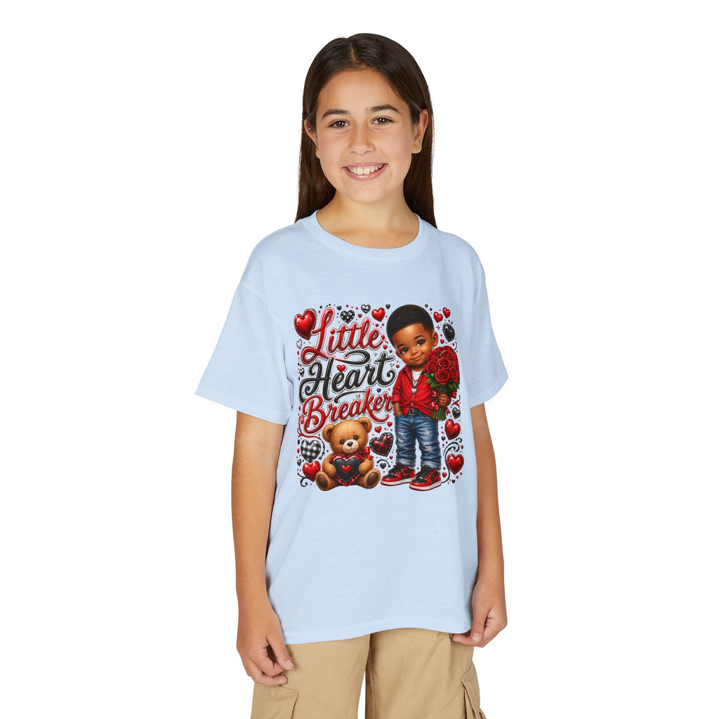 Little Heart Breaker Valentine's Day Youth T-Shirt – Cute Black Boy Roses & Teddy Bear Tee