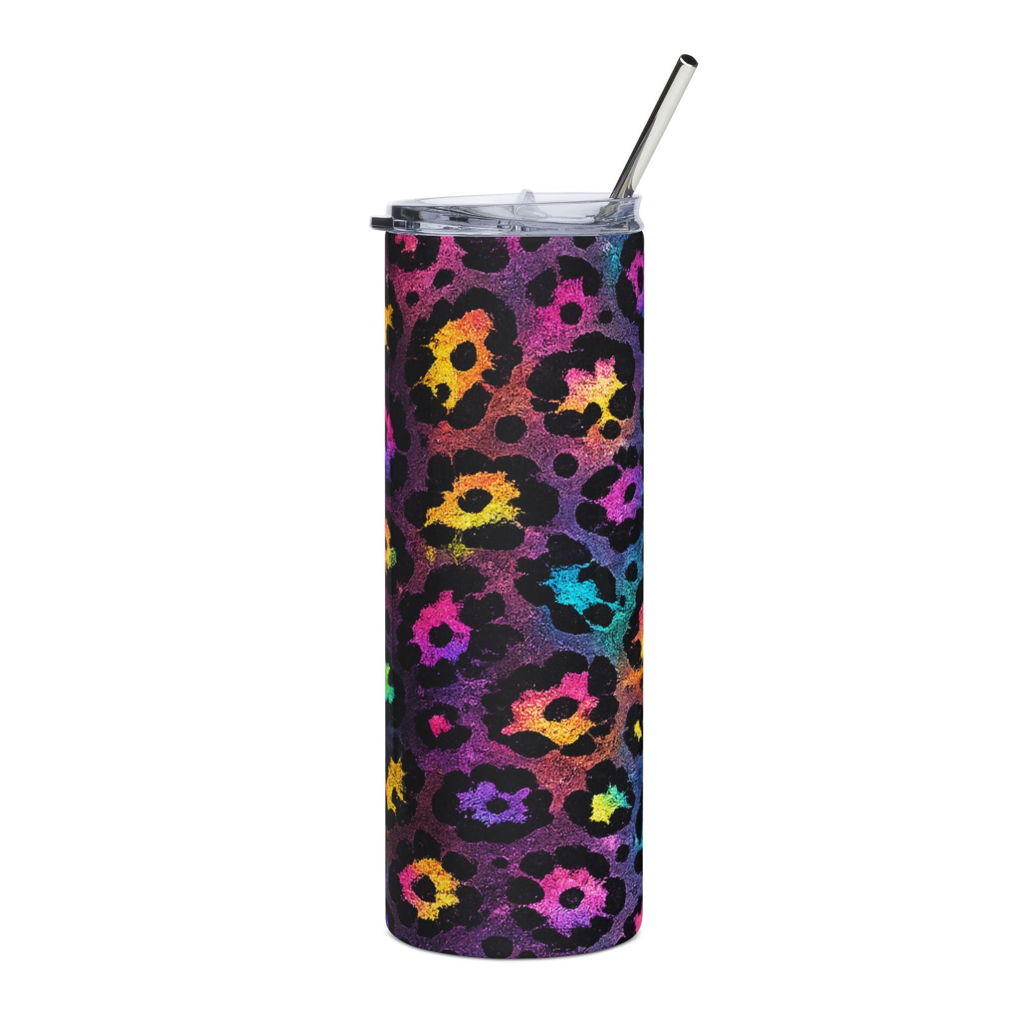 Rainbow Leopard Print Skinny Tumbler | Neon Cheetah Glitter Insulated Cup with Straw