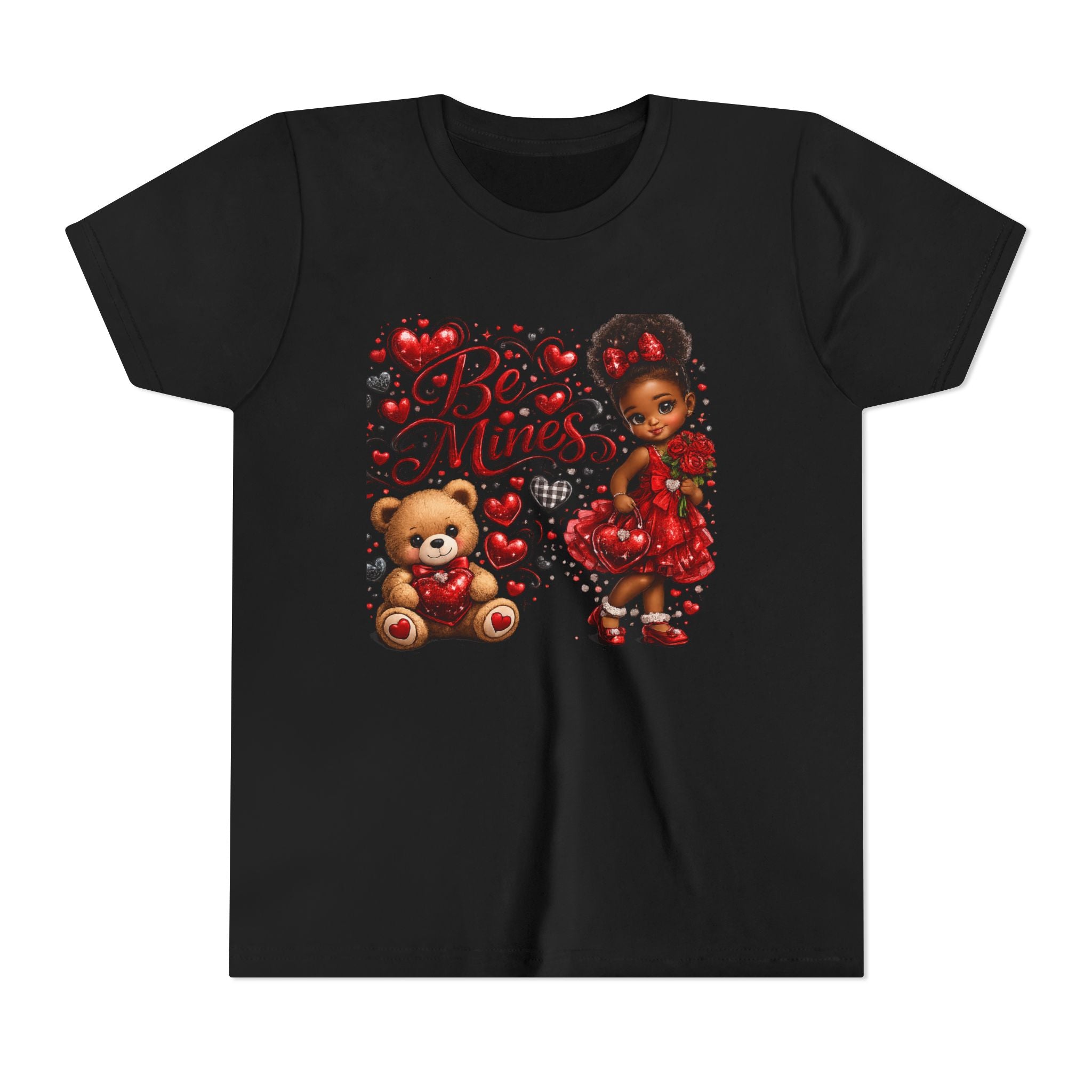 Be Mine Valentine's Day Youth T-Shirt – Cute Black Girl Teddy Bear Tee