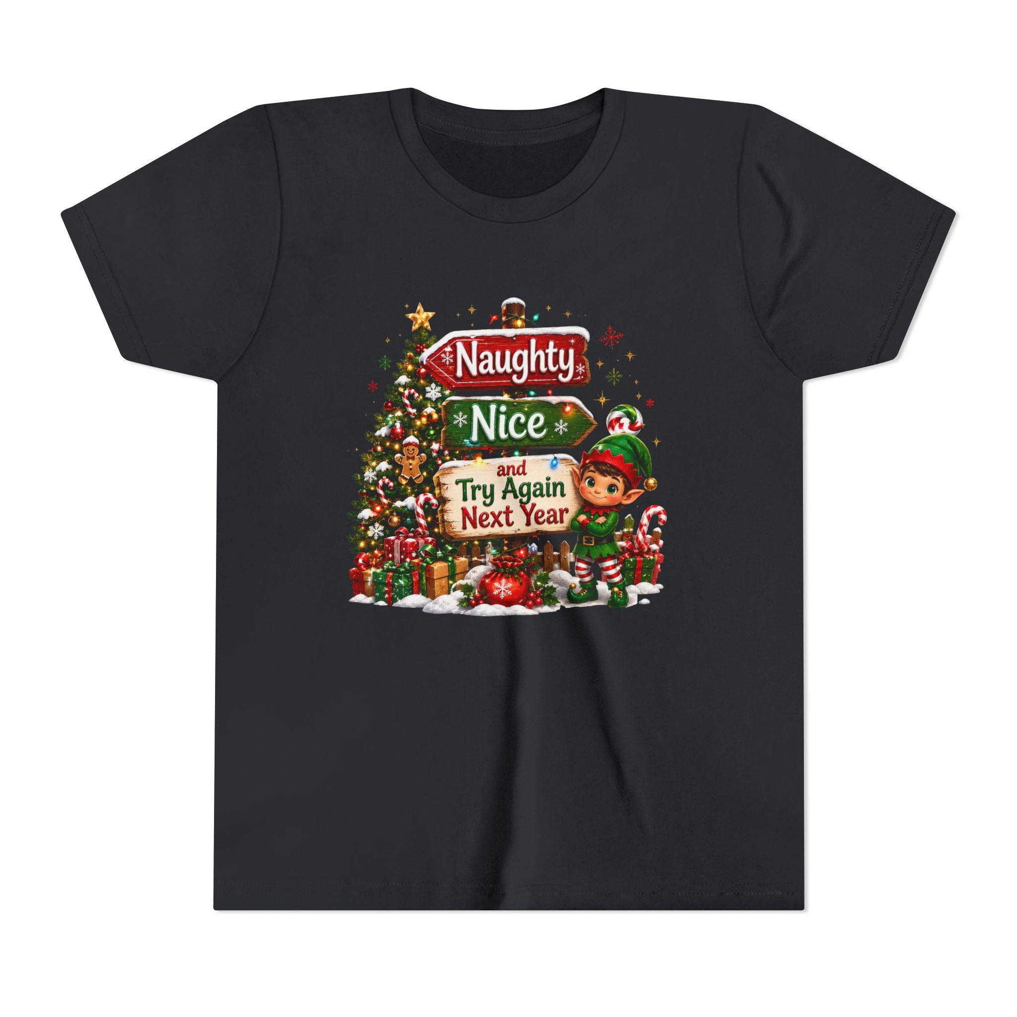 Naughty Nice Try Again Next Year Kids Shirt – Funny Elf Christmas Tee | Holiday Gift for Kids