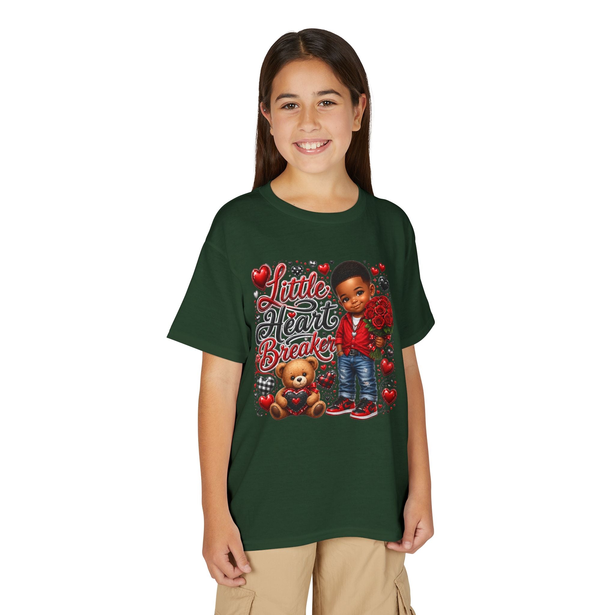 Little Heart Breaker Valentine's Day Youth T-Shirt – Cute Black Boy Roses & Teddy Bear Tee
