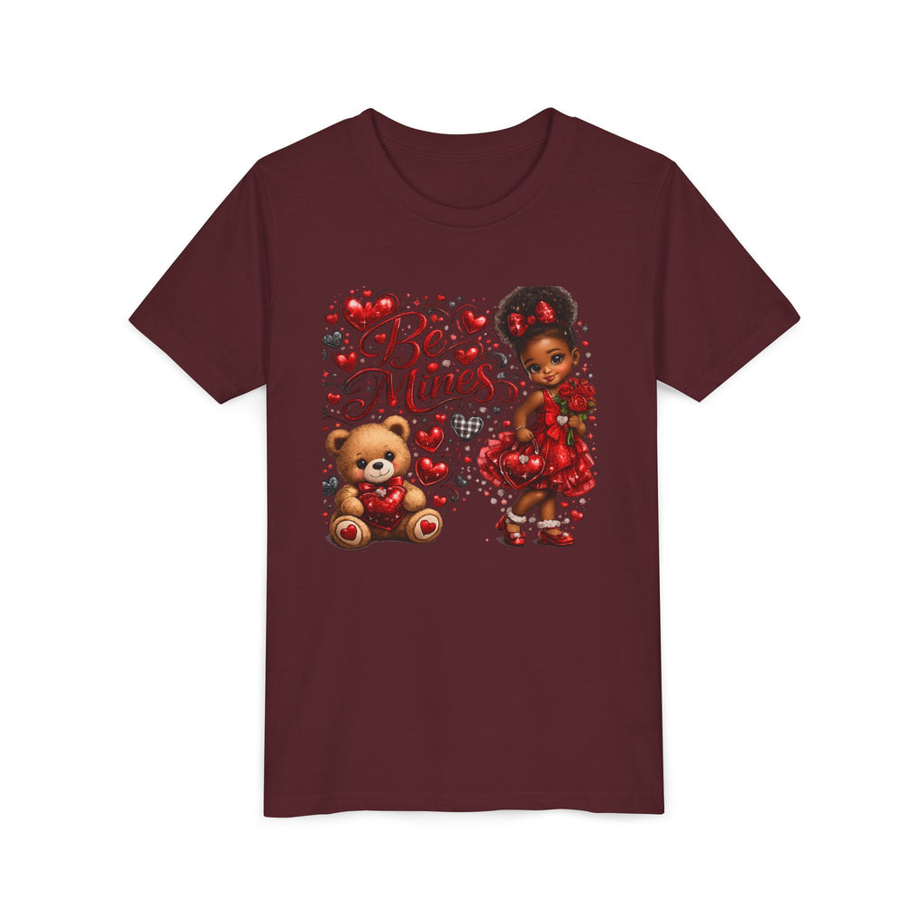 Be Mine Valentine's Day Youth T-Shirt – Cute Black Girl Teddy Bear Tee