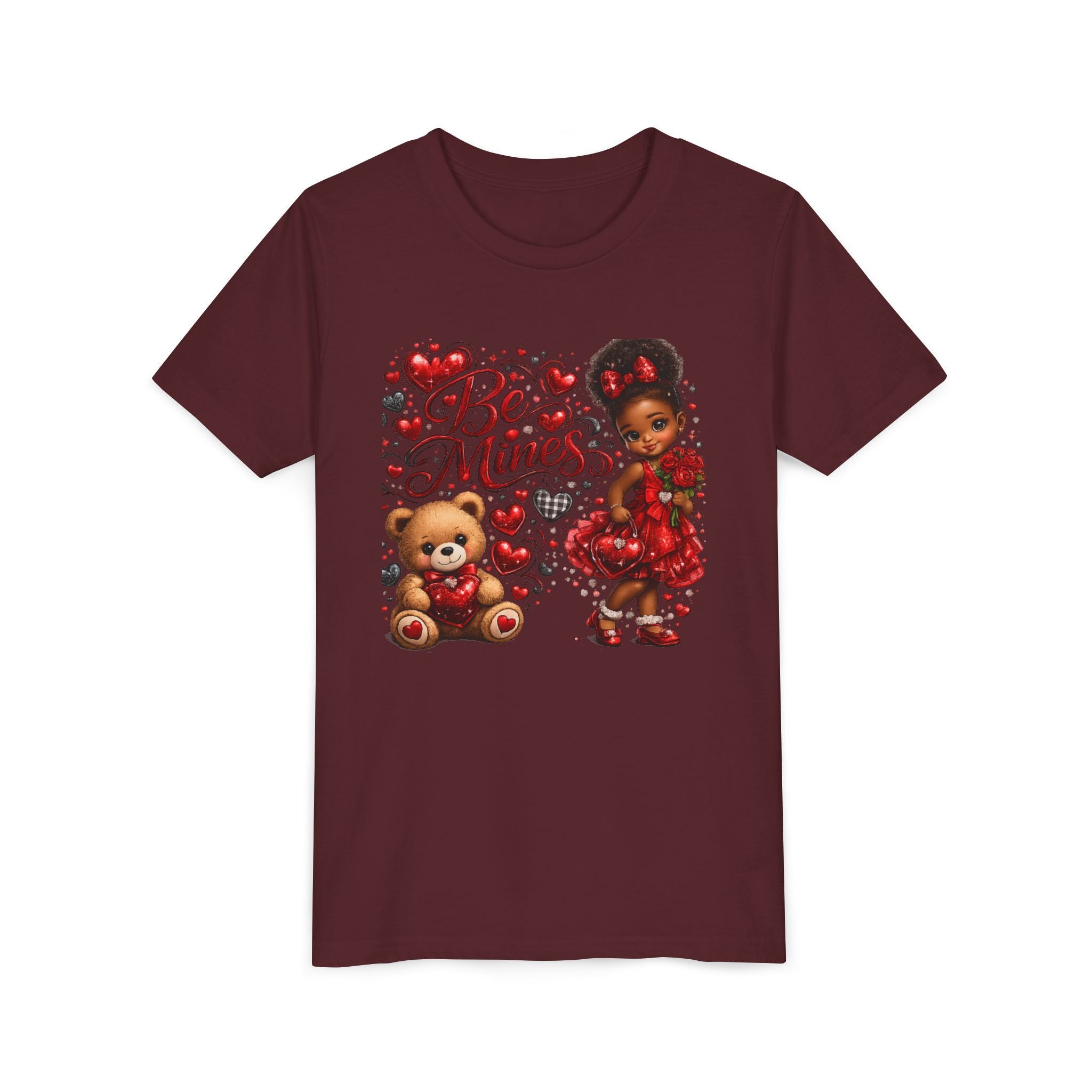 Be Mine Valentine's Day Youth T-Shirt – Cute Black Girl Teddy Bear Tee