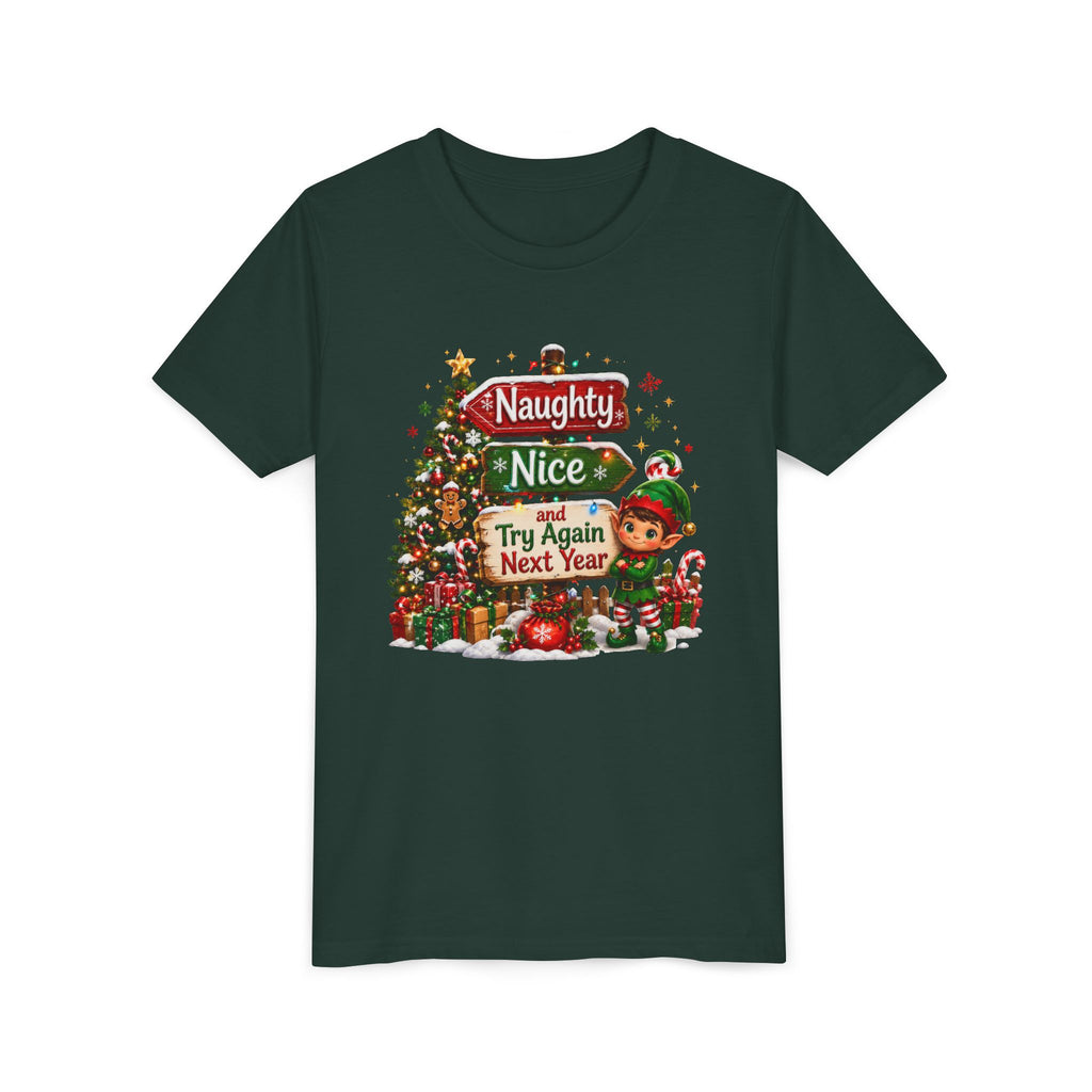 Naughty Nice Try Again Next Year Kids Shirt – Funny Elf Christmas Tee | Holiday Gift for Kids