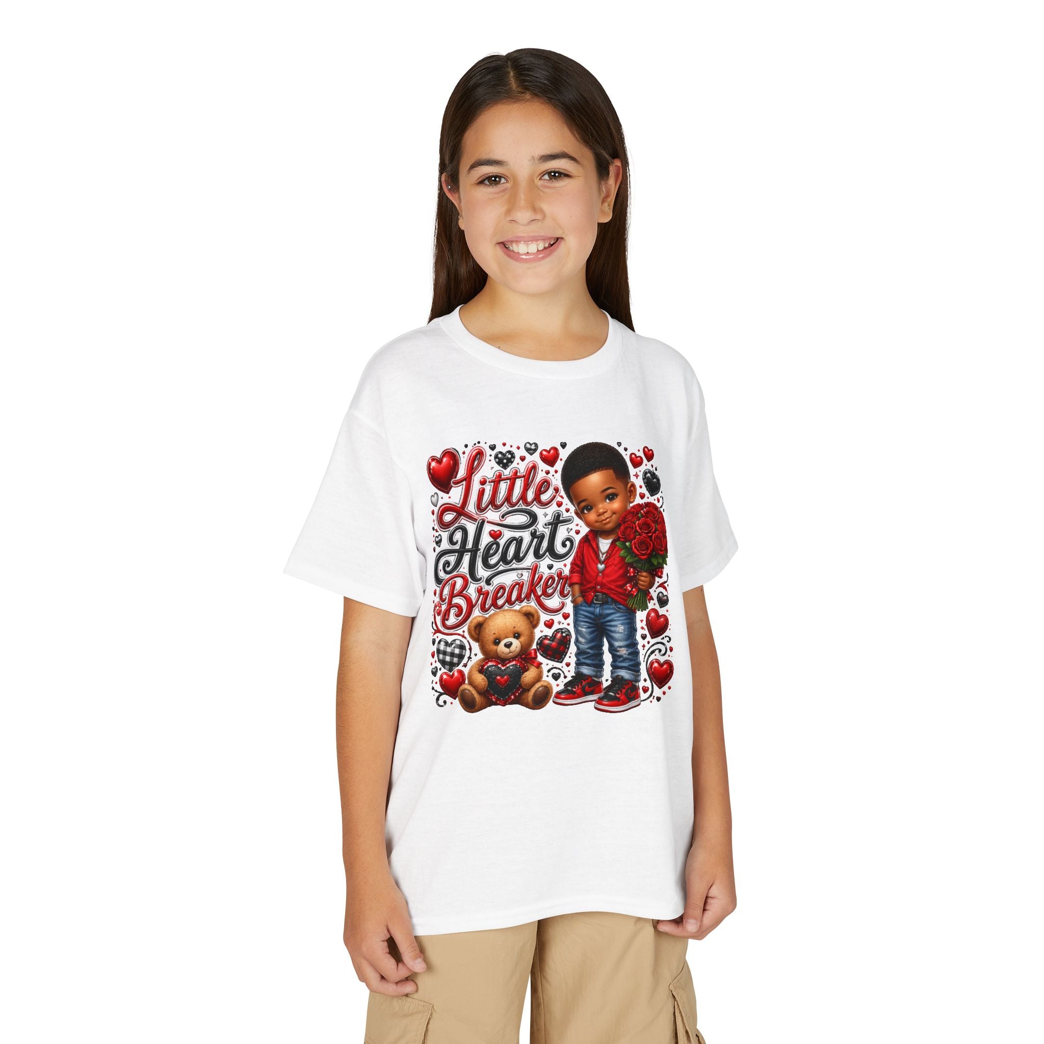 Little Heart Breaker Valentine's Day Youth T-Shirt – Cute Black Boy Roses & Teddy Bear Tee