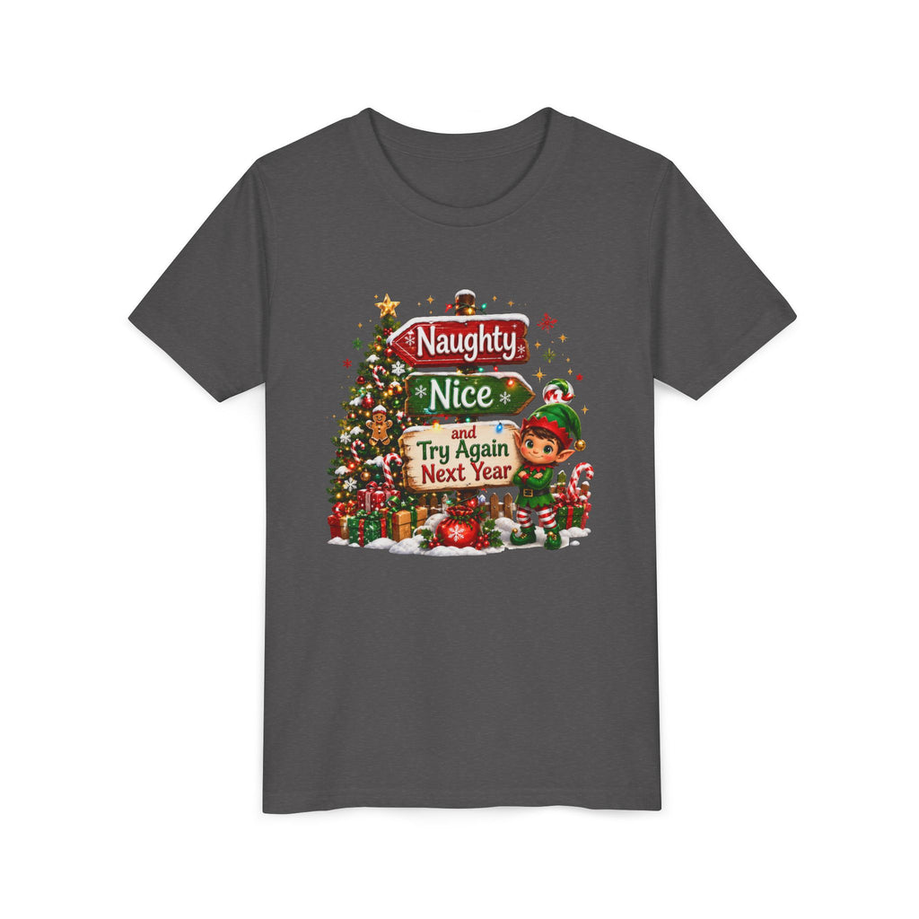 Naughty Nice Try Again Next Year Kids Shirt – Funny Elf Christmas Tee | Holiday Gift for Kids