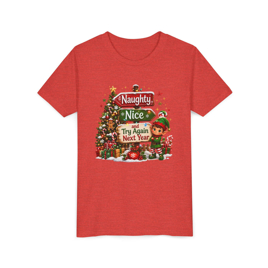 Naughty Nice Try Again Next Year Kids Shirt – Funny Elf Christmas Tee | Holiday Gift for Kids