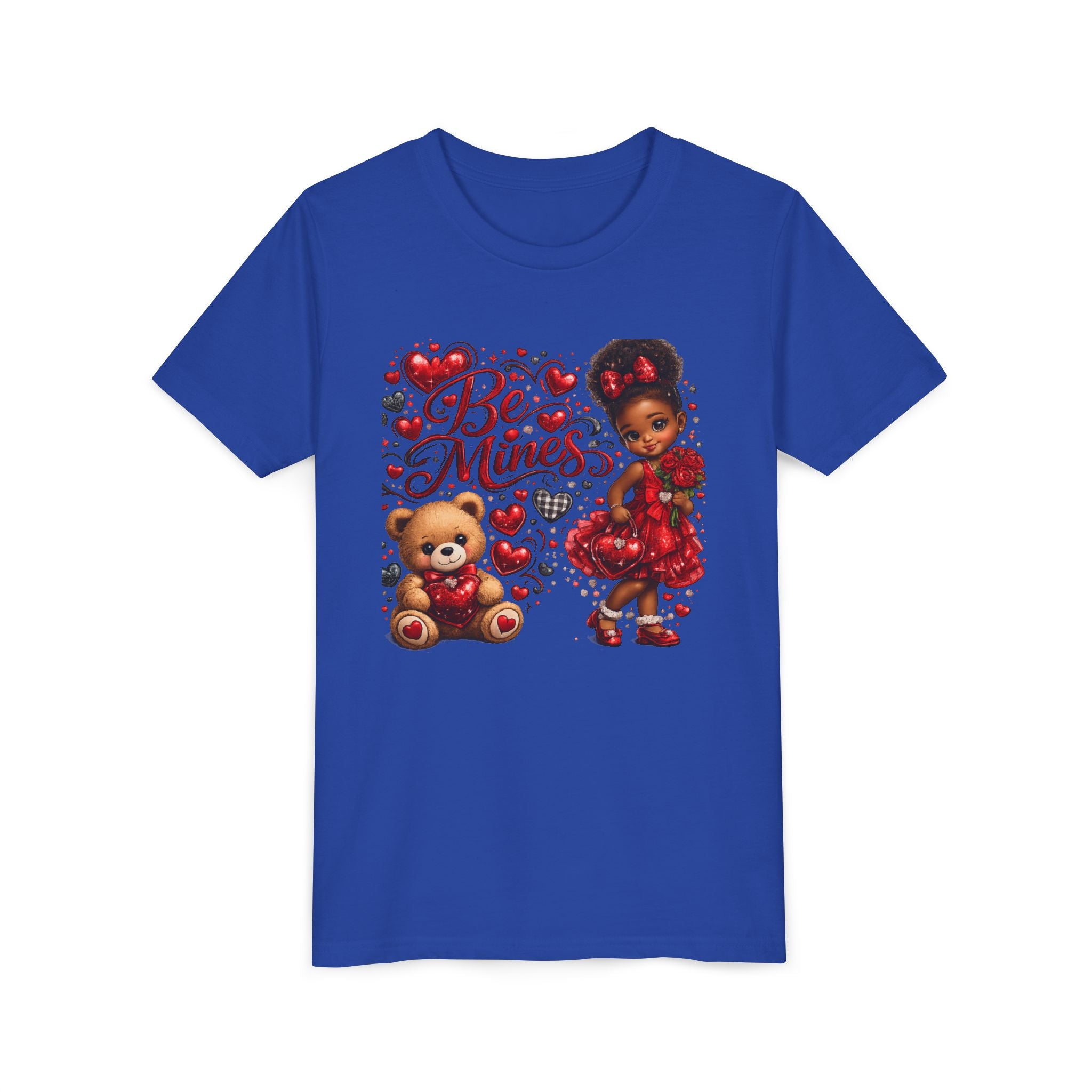 Be Mine Valentine's Day Youth T-Shirt – Cute Black Girl Teddy Bear Tee