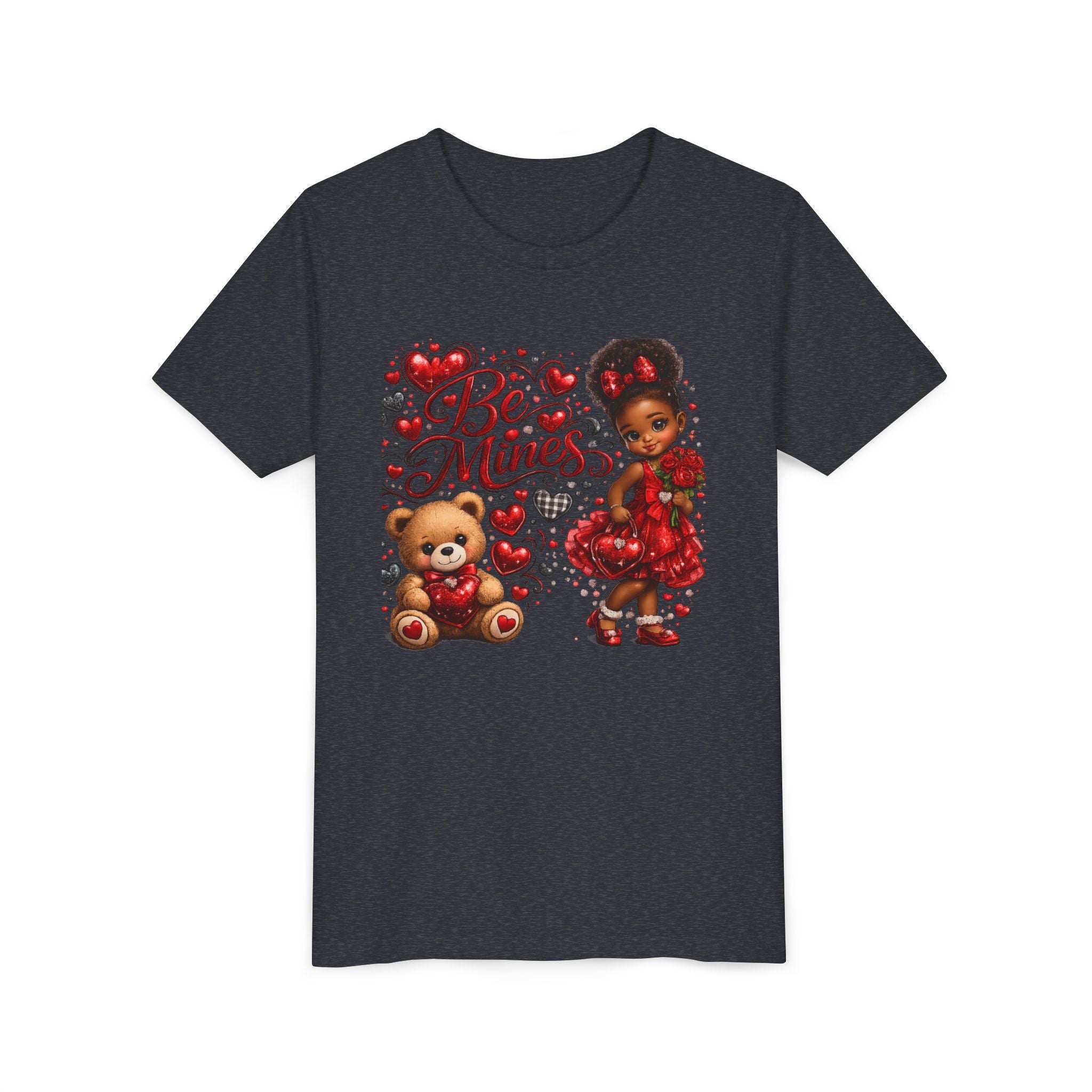 Be Mine Valentine's Day Youth T-Shirt – Cute Black Girl Teddy Bear Tee