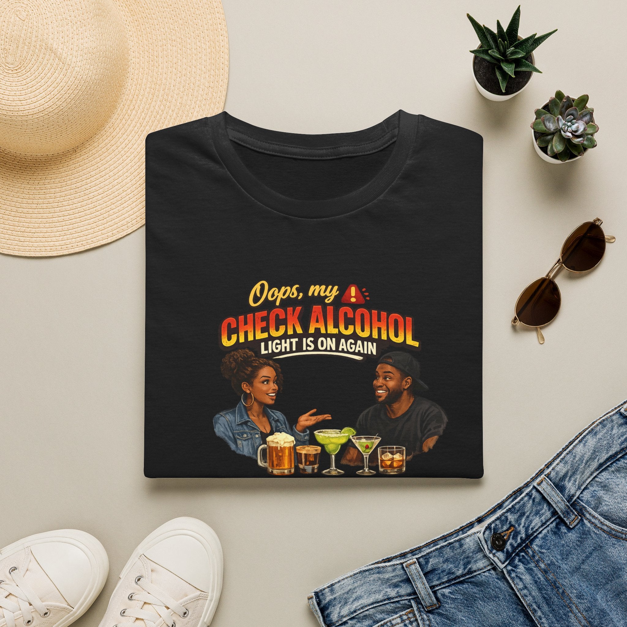Oops My Check Alcohol Light Is On Again T-Shirt | Funny Drinking Shirt | Day Party Graphic Tee