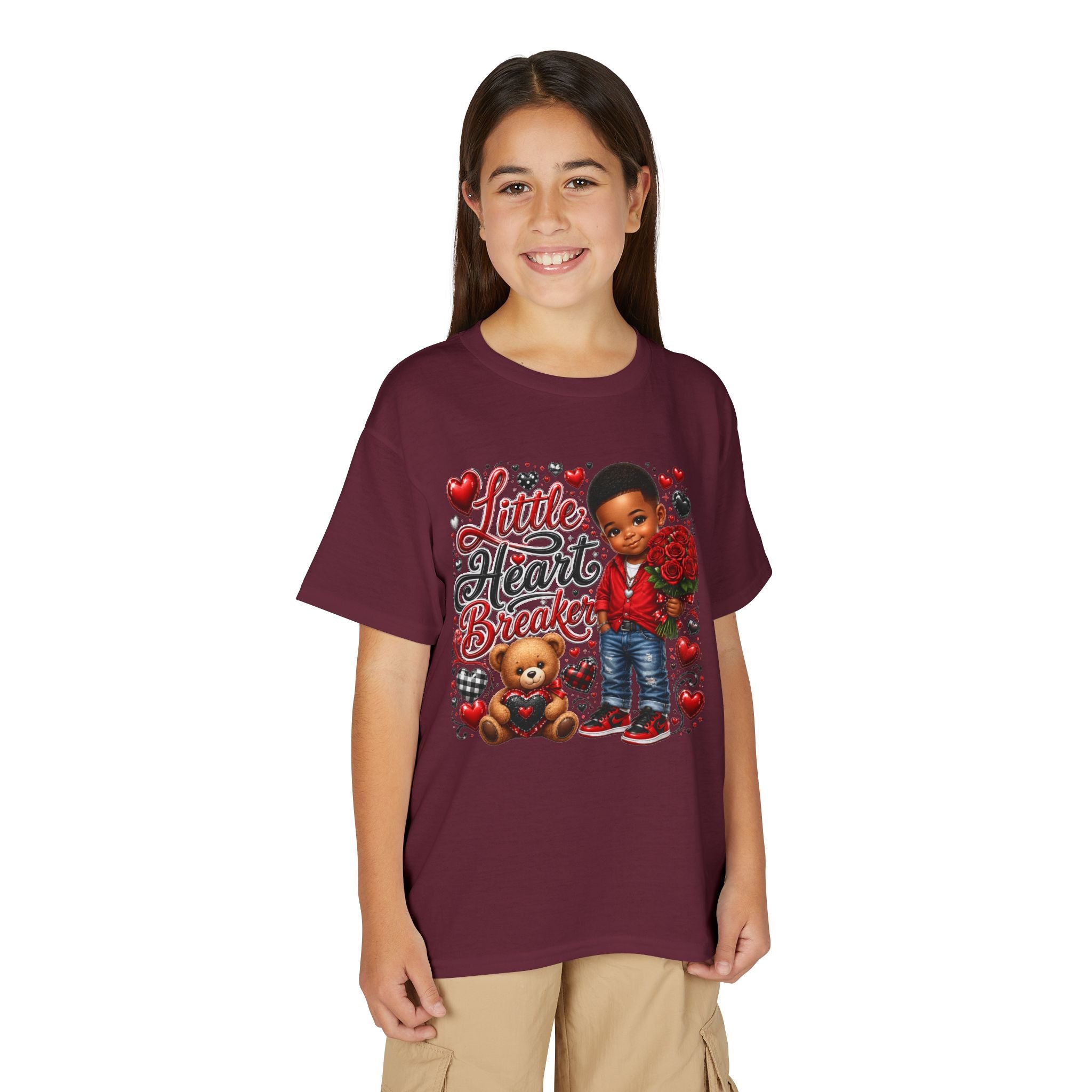 Little Heart Breaker Valentine's Day Youth T-Shirt – Cute Black Boy Roses & Teddy Bear Tee