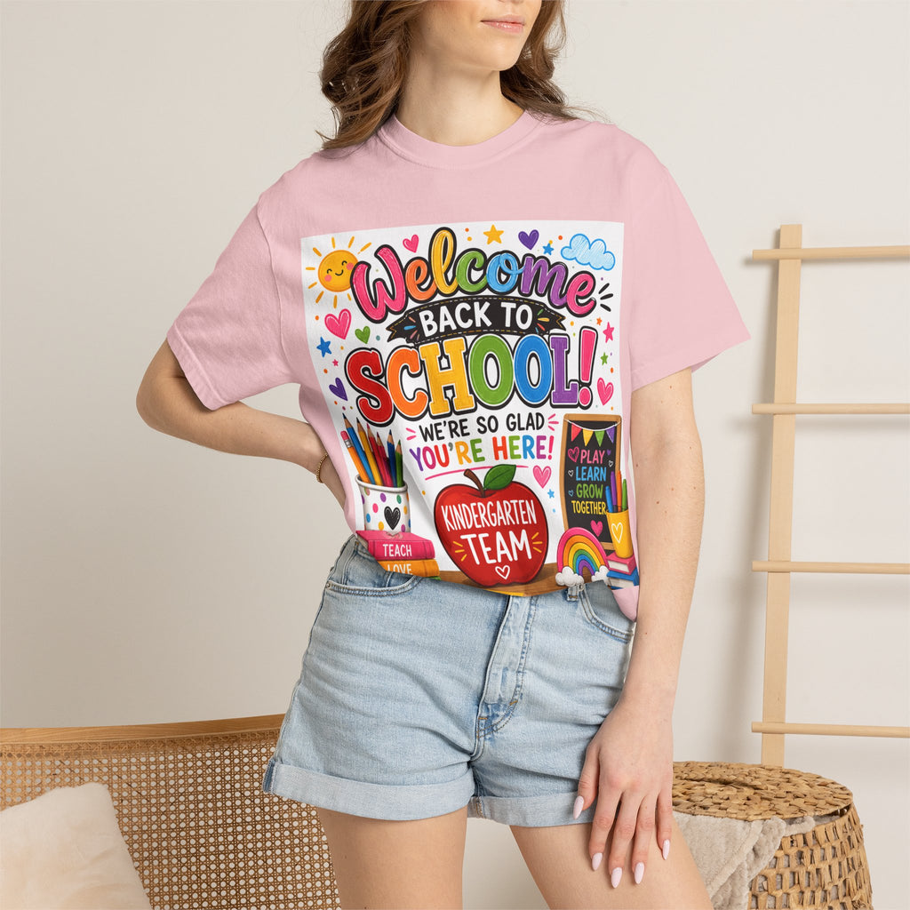 Welcome Back to School T-Shirt — Kindergarten Team Teacher Shirt (We’re So Glad You’re Here)