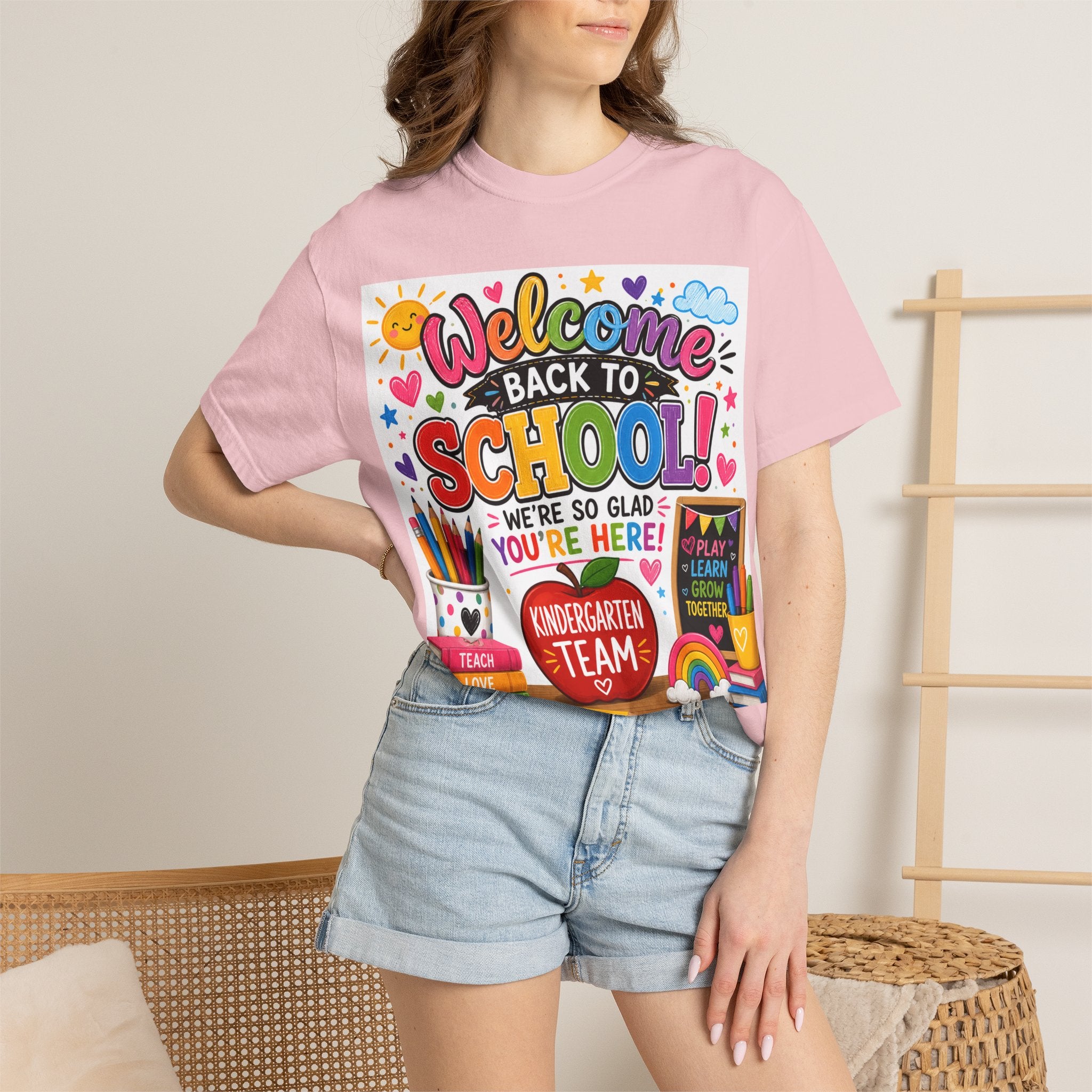 Welcome Back to School T-Shirt — Kindergarten Team Teacher Shirt (We’re So Glad You’re Here)